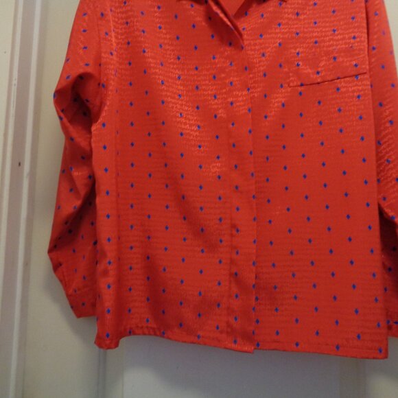 VINTAGE HOT OFFICE SIREN RED W BLUE DOTS SHINEY BLOUSE BY KORET CAREER 16 - Picture 7 of 8